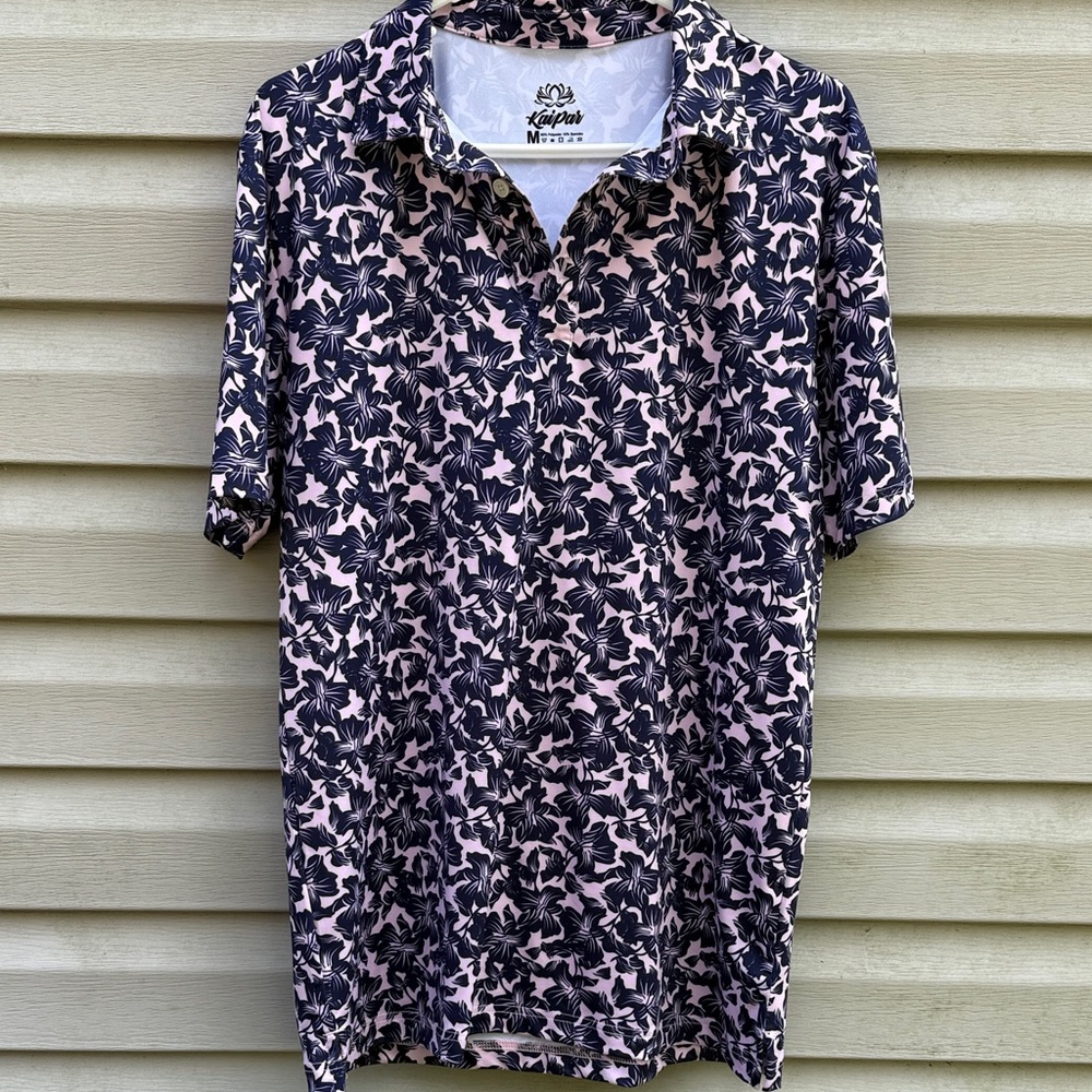 Kaipar | Mens Floral Print Navy‎ Pink Golf Polo Shirt size Medium